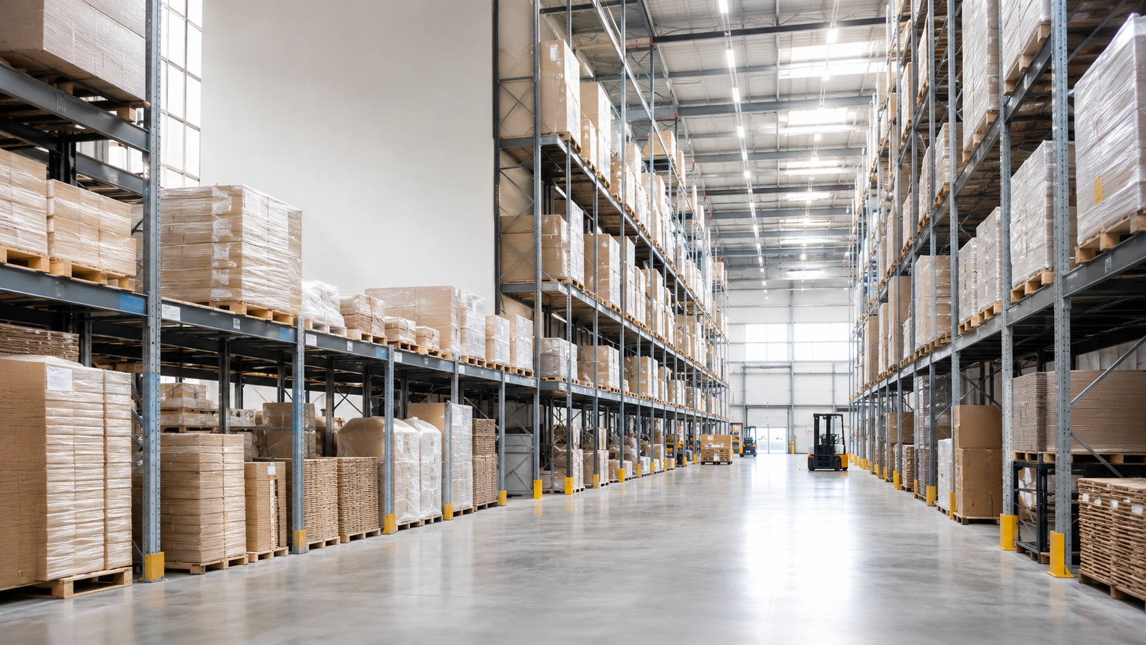 Warehouse aisle with high racking full of palletised stock