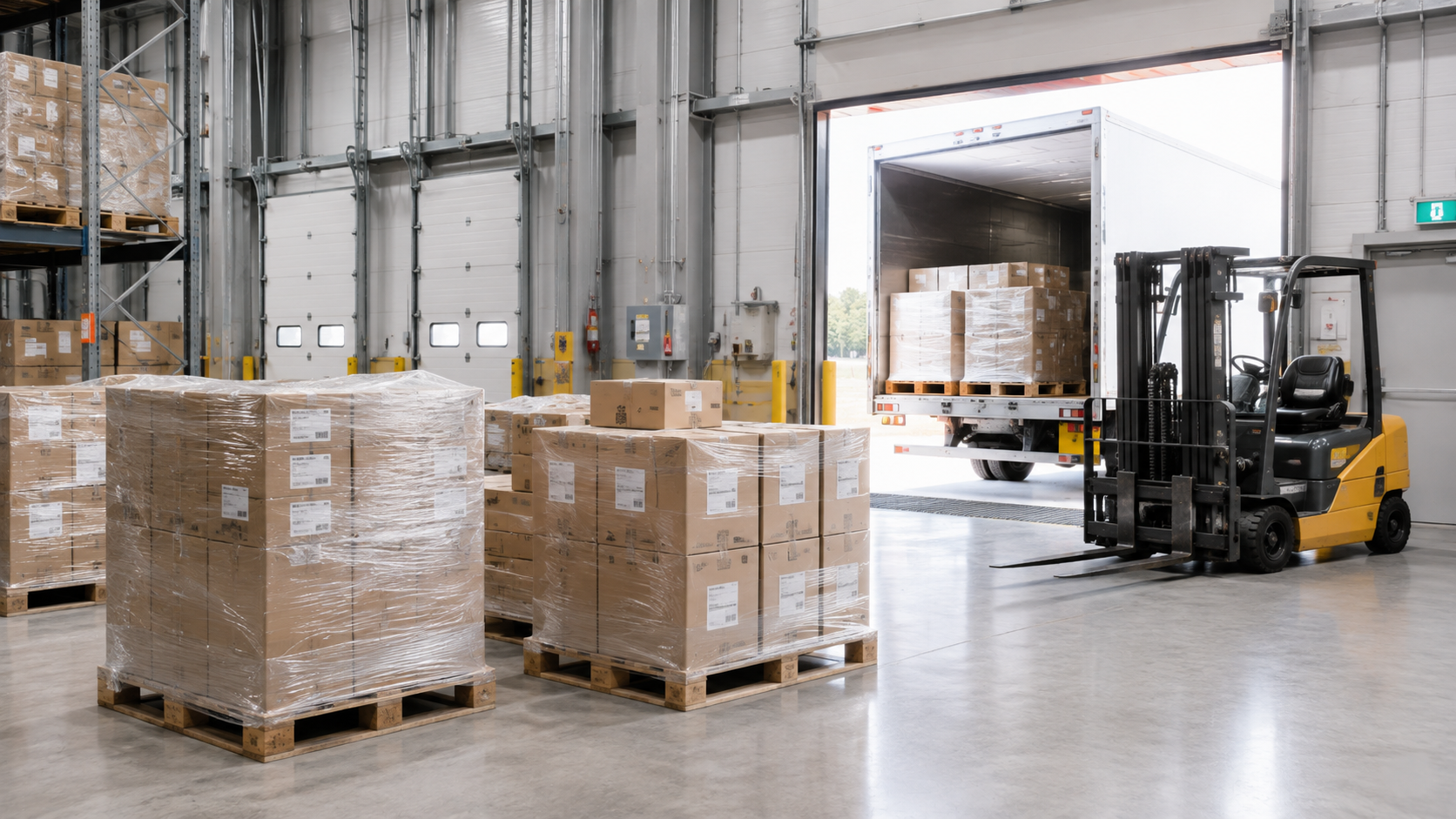 Wrapped pallets ready for loading next to a forklift and truck at the loading dock